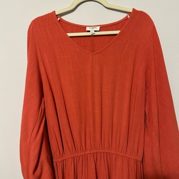 Umgee Brick Linen Long Puff Sleeve Cinched Waist Ruffle Hem Dress Size Small - Picture 4 of 10